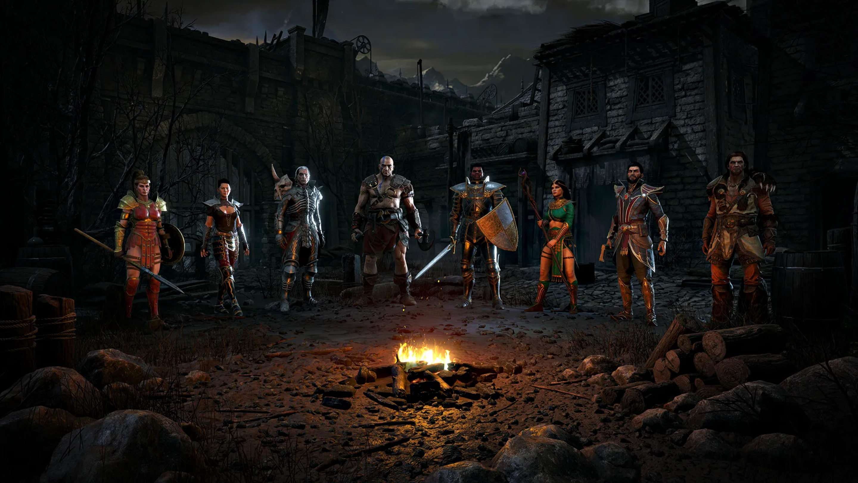 Eight Diablo 2 Resurrected characters gathered around a campfire